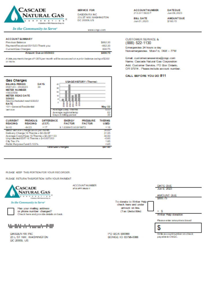 Cascade Natural Gas utility business bill SCR PSD template